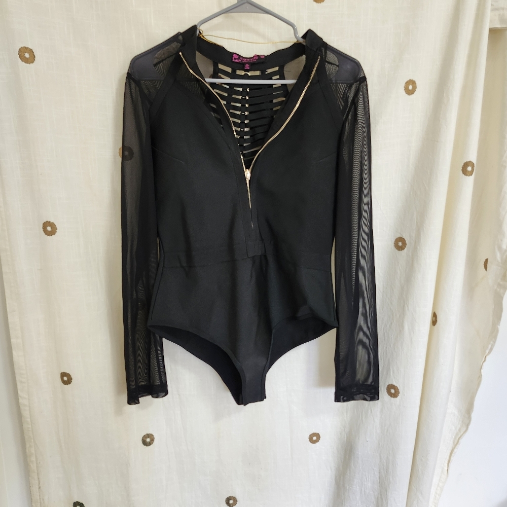 Black Asymmetrical Cut Out Long Sleeve Bodysuit